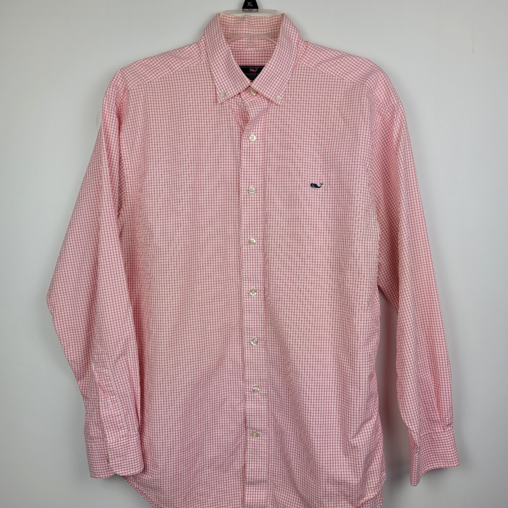 VINEYARD VINES MENS WHITE PINK GRID PATTERN  SHIRT LONG SLEEVE SIZE L